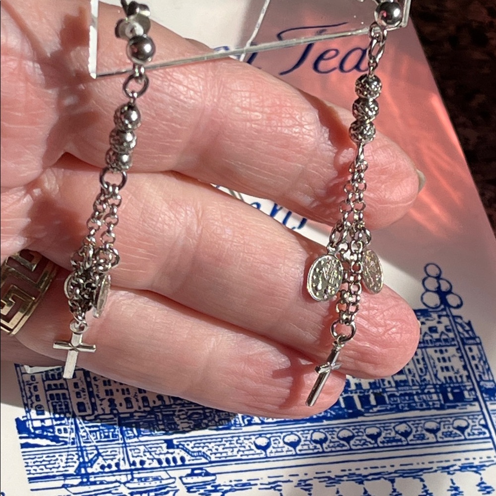 Silver Cross & Virgin Mary Dangle Earrings